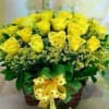 Bright yellow roses arranged beautifully in a basket will bring happiness to