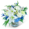 Experience the wondrous beauty of our Snowy Bue Frost floral arrangement, perfectly