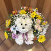 This heart-melting fresh flower arrangement features an adorable puppy handcrafted from white