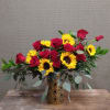 One dozen red roses and six sunflowers in a stunning line. Sent