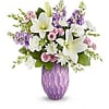 featuring a gorgeous lavender mercury-inspired sculpted glass vase filled with elegant white