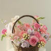 fresh country flower basket! Pretty blooms of pink, Pink Daisies, purple nestle