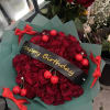 Red roses with cherries decorations and bows around . Standard 25 roses
Deluxe