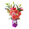 A arrangement with dhalia , pink roses , lilies 