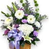The &quot;Green, Lavender &amp; White&quot; sympathy floral basket features an elegant 11-inch