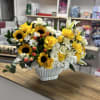 Modern floral arrangement in base! Orange, yellow, and white colors! Elegant and