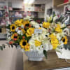 Modern floral arrangement in base! Orange, yellow, and white colors! Elegant and