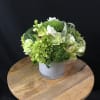 mini green hydrangeas, white freesia, green cymbidium orchid, green carnation ,ornamental cabbage