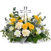 Encircling a beautiful crystal cross keepsake, this sunny bouquet of roses and
