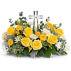 Encircling a beautiful crystal cross keepsake, this sunny bouquet of roses and
