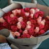 75 Mixed roses. Red, hot pink and pink . Hand-crafted bouquet in