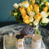 Gift set with fresh cut flowers in a vase ( roses, spray
