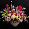 Charming Flower Arrangement with white and lavender roses, tulips, ranunculus, daisies and