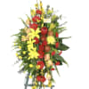 Spray based on red and yellow flowers. It has a very modern