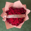 50 long stemmed Ecuadorian roses, shaped as a heart with a message