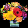 Gerberas, roses and more in a cube vase. The vibrant colors are