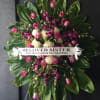 Sunburst spikes of long stem pink roses with white chrysanthemums front and