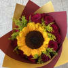 1 sunflower in the middle of a dozen(12) roses (color of roses