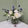 Soft white blooms and graceful blue delphiniums come together in a clear