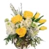 Beautiful flower arrangement with yellow roses and hydrangeas