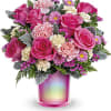 BRIGHT PINK AND CREME FLOWERS IN A COLORFUL RAINBOW CYLINDER VASE