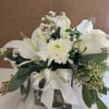   Clear glass cube of mixed white flowers!