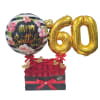 rectangular box filled with roses, foil balloons, numbers and birthday balloon, the