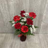 Send this petite lovely ruby red themed arrangement today! Flowers and colors