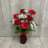 Send this petite lovely ruby red themed arrangement today! Flowers and colors