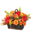 A gracious wicker container filled with the seasons best and brightest. Autumn