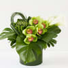 This lush green arrangement featuring calla lilies, orchids and monstera leaves. Elegant