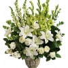 Peaceful and majestic in a large antiqued pot, this wondrous white arrangement