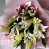 A stunning arrangement of majestic, fragrant oriental lilies, elegantly wrapped in delicate