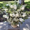 A wispy white and green basket featuring silver dollar eucalyptus and white