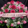 CASKET SPRAY- LIGHT &amp; MEDIUM PINK ROSES 4 DOZEN STEMS, BABIES BREATH