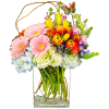 The Butterfly Garden is handcrafted with White Hydrangeas, Blue Hydrangeas, Pink Gerbera