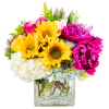 The Peony Burst is handcrafted with White Hydrangeas, Blue Hydrangeas, Sunflowers, Purple