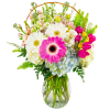 The Springtime Splendor is handcrafted with white Gerbera Daisies, Hot Pink Gerbera