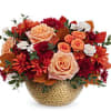 Peach roses, orange spray roses, bronze cushion spray chrysanthemums, bronze daisy spray
