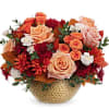 Peach roses, orange spray roses, bronze cushion spray chrysanthemums, bronze daisy spray