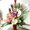 Gingers, Anthuriums, Orchids, Proteas, and Tropic Fleur Heliconias which are swirled by