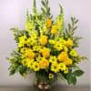 This is a floral arrangement featuring bright yellow flowers, including roses, daisies