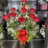 dozen red roses in red vase with i love you  bear