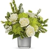 This bouquet includes white roses, green carnations, green button spray chrysanthemums, green