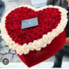 Amazing arrangement of red roses and white roses around the edge in