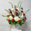 This Arrangement Includes White Gladiolas, White Snapdragons, White Hydrangea, Blue Delphinium and