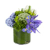 This arrangement includes green dianthus, blue iris, white tulips, hyacinths, and other