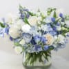 A stunning white and blue arrangement for a new baby or a