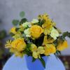 This monochromatic arrangement is to brighten anyones day,  or room.Vase may