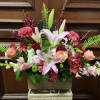 Recipe: Seasonal Dahlias, Burgendy Orchids, Stargazers, Orange/Pink Roses, Pink Snapdragons, Red Spray
